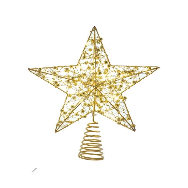11.8" Battery Operated Warm White LED Gold Beaded Metal Star Treetop