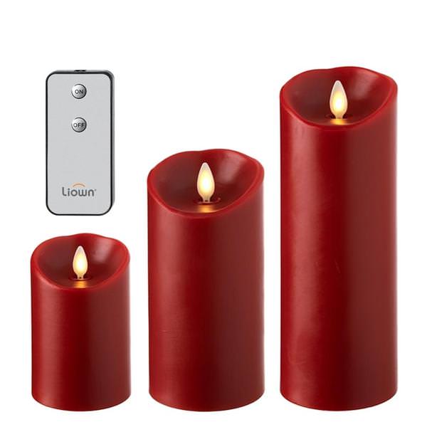 4.5/6/8" Red Wax Push Flame LED Pillar Candles with Timer and Remote (set of 3)