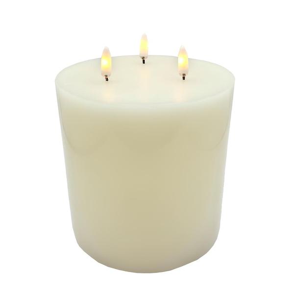 6" x 6" Ivory Triflame Wax LED Pillar Candle with Timer