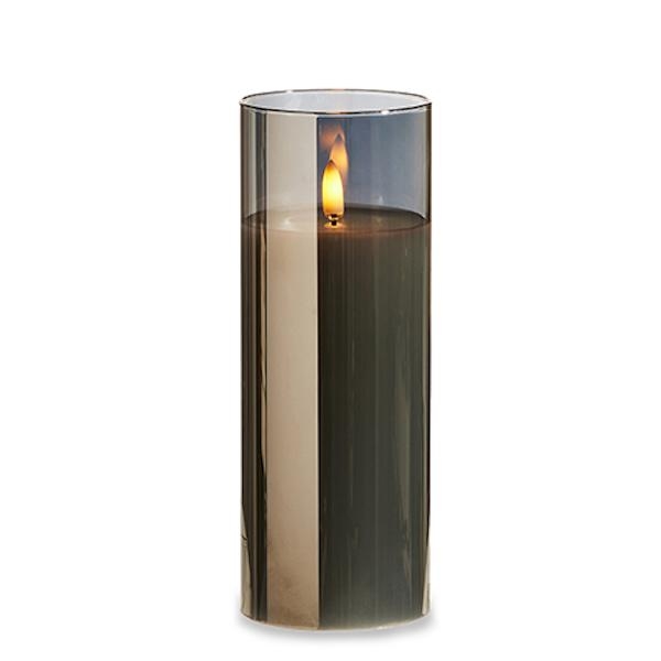 3" x 8" Ivory Wax Smoke Glass LED Pillar Candle with Timer