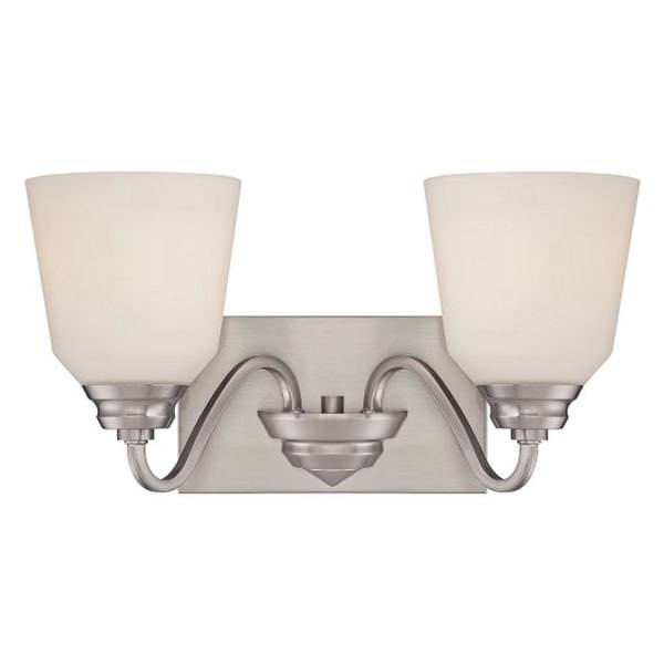 2 Light 21 watt 3000K Natural White Brushed Nickel Satin White Glass Shades Vanity Light