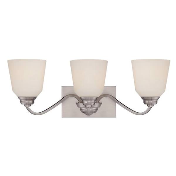 3 Light 30 watt 3000K Brushed Nickel Satin White Glass Shades Vanity Light