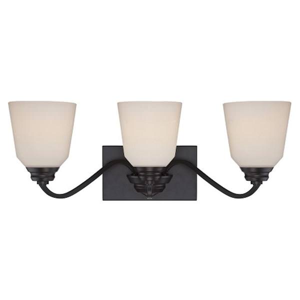 3 Light 33 watt 2700K Mahogany Bronze Satin White Glass Shades Vanity Light Fixture