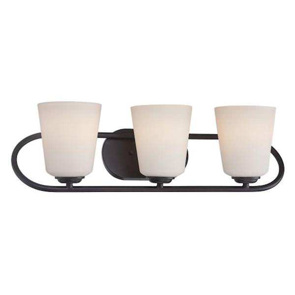 3 Light 33 watt 2700K Mahogany Bronze Satin White Glass Shades Vanity Light Fixture