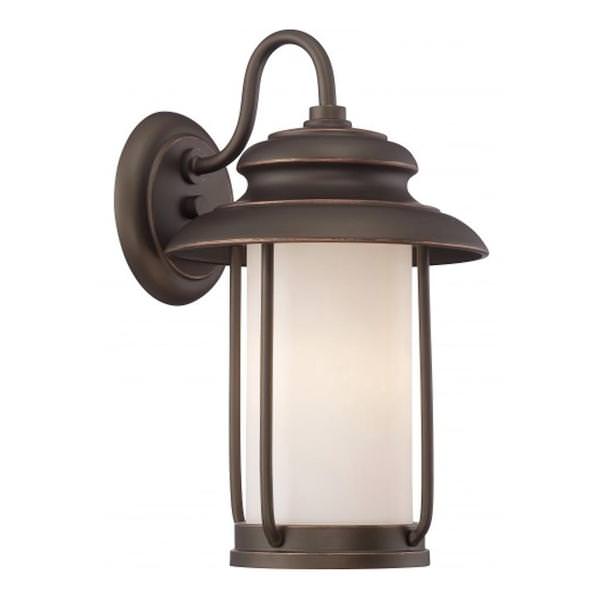 1 Light 9.8 watt 120 volt Mahogany Bronze Satin White Glass Shade 2700K LED Outdoor Wall Sconce