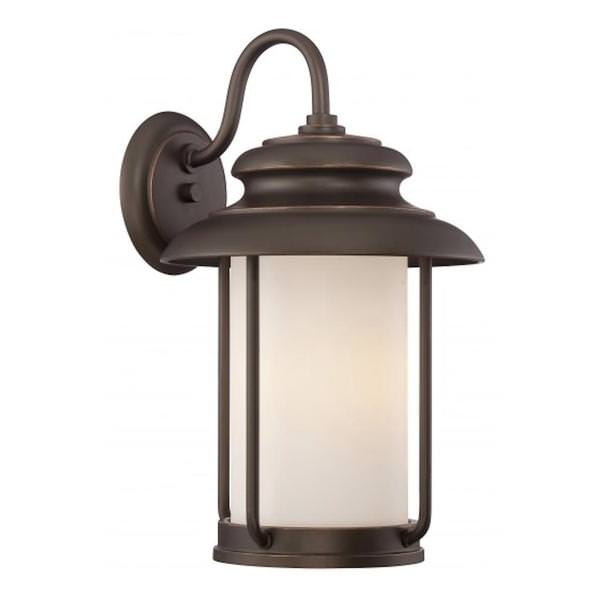 1 Light 9.8 watt 120 volt Mahogany Bronze Satin White Glass Shade 2700K LED Outdoor Wall Sconce