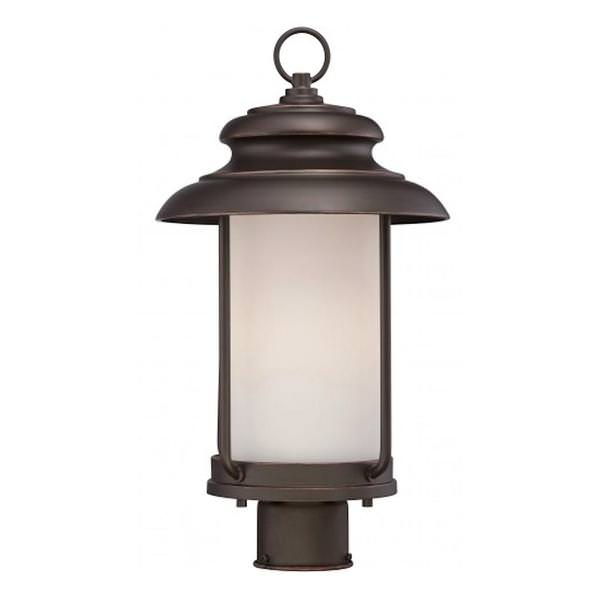 1 Light 9.8 watt 2700K Mahogany Bronze Satin White Glass Shade LED Outdoor Post Top Lantern Fixture