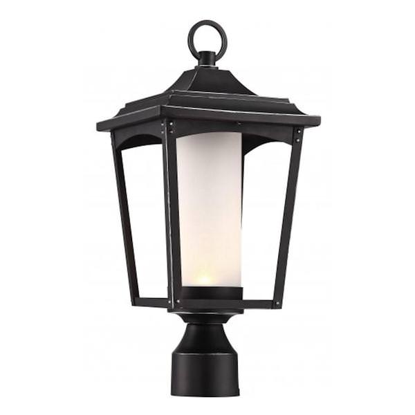 1 Light 14 watt 3000K Sterling Black Etched Glass Shade Dimmable LED Outdoor Post Top Lantern Fixture