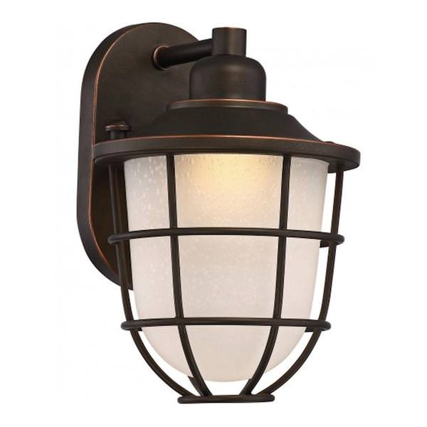 1 Light 12 watt 120 volt Mahogany Bronze Etched Seeded Glass Shade 3000K Dimmable LED Outdoor Wall Sconce