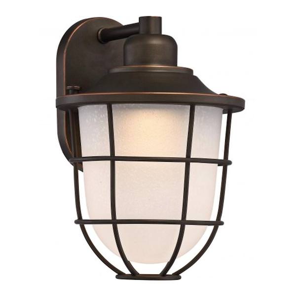 1 Light 15 watt 120 volt Mahogany Bronze Etched Seeded Glass Shade 3000K Dimmable LED Outdoor Wall Sconce