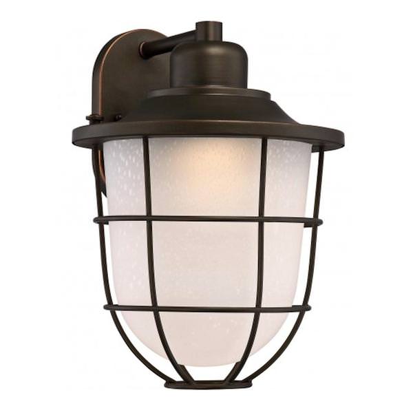 1 Light 15 watt 120 volt Mahogany Bronze Etched Seeded Glass Shade 3000K Dimmable LED Outdoor Wall Sconce