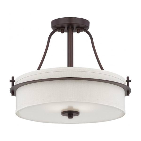 2 Light 15" Round Venetian Bronze White Linen Shade Ceiling Light Fixture