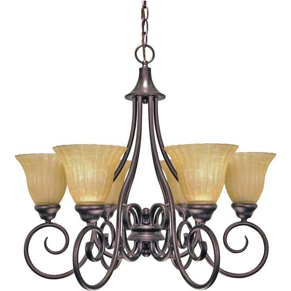 6 Light Copper Bronze Champagne Washed Linen Glass Shades Chandelier Light Fixture