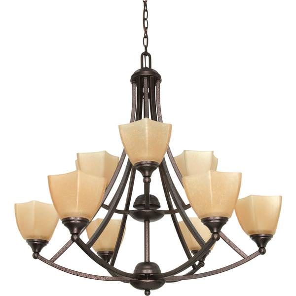 9 Light Copper Bronze Champagne Washed Linen Glass Shades Chandelier Light Fixture