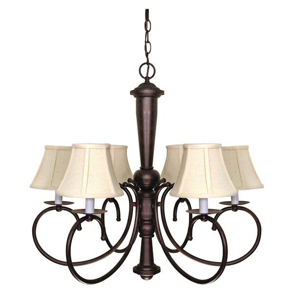 6 Light Old Bronze Natural Linen Fabric Shades Chandelier Light Fixture