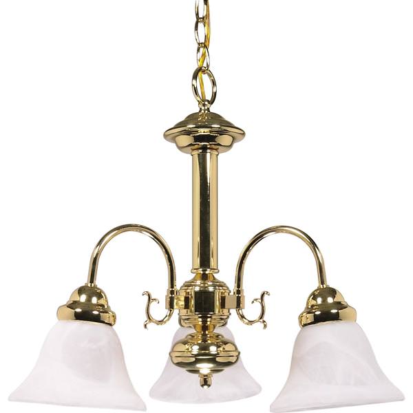 3 Light Polished Brass Alabaster Glass Bell Shades Chandelier Light Fixture