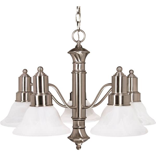 5 Light Brushed Nickel Alabaster Glass Bell Shades Chandelier Light Fixture