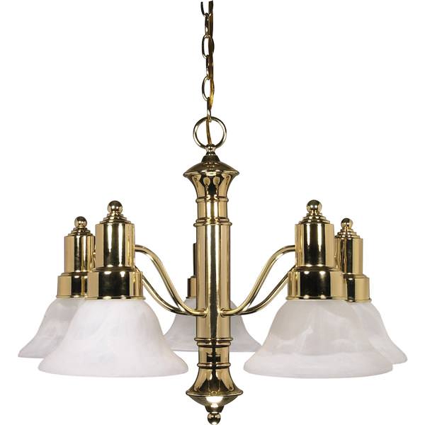 5 Light Polished Brass Alabaster Glass Bell Shades Chandelier Light Fixture