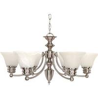 View 6 Light Brushed Nickel Alabaster Bell Shades Chandelier Light Fixture