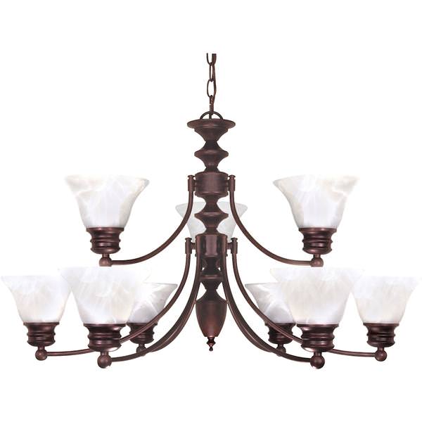 9 Light Old Bronze Alabaster Glass Bell Shades Chandelier Light Fixture