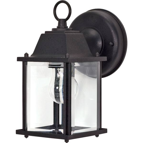 1 Light 9" Textured Black Clear Beveled Glass Shade Wall Lantern Light Fixture