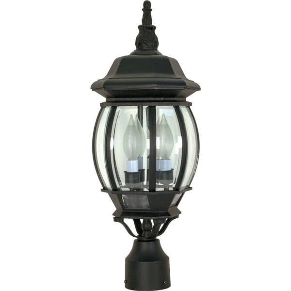 3 Light 21" Textured Black Clear Beveled Glass Panels Post Lantern Light Fixture