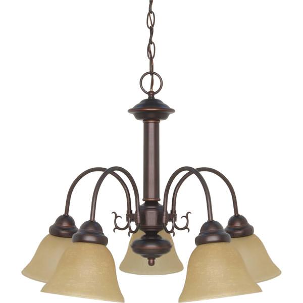 5 Light Mahogany Bronze Champagne Washed Linen Glass Shades Chandelier Light Fixture