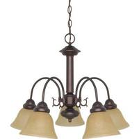 View 5 Light Mahogany Bronze Champagne Washed Linen Glass Shades Chandelier Light Fixture