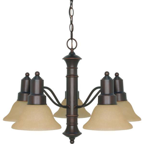5 Light Mahogany Bronze Champagne Washed Linen Glass Shades Chandelier Light Fixture