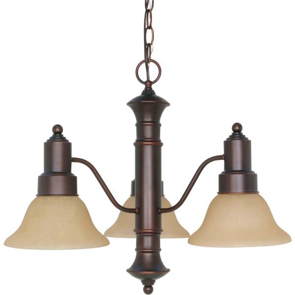 3 Light Mahogany Bronze Champagne Washed Linen Glass Shades Chandelier Light Fixture