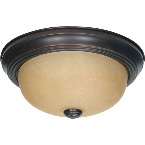2 Light 11" Round Mahogany Bronze Champagne Washed Linen Glass Shade Ceiling Light Fixture