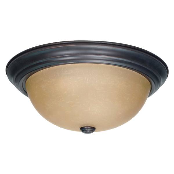 3 Light 15" Round Mahogany Bronze Champagne Washed Linen Glass Shade Ceiling Light Fixture