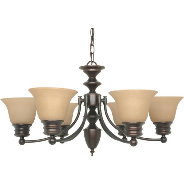 6 Light Mahogany Bronze Champagne Washed Linen Glass Shades Chandelier Light Fixture