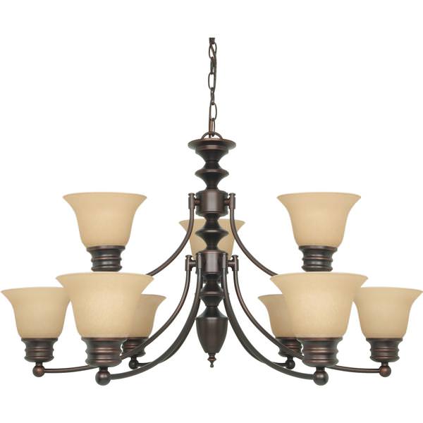 9 Light Mahogany Bronze Champagne Washed Linen Glass Shades Chandelier Light Fixture