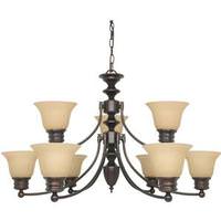 View 9 Light Mahogany Bronze Champagne Washed Linen Glass Shades Chandelier Light Fixture