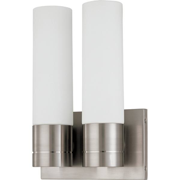 2 Light Brushed Nickel White Satin Glass Shades Twin Tube Wall Sconce Light Fixture