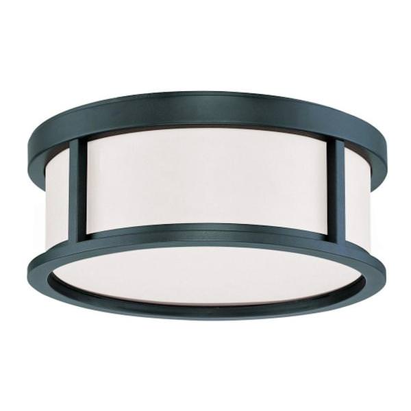 2 Light 13" Round Aged Bronze Satin White Glass Shade Ceiling Light Fixture