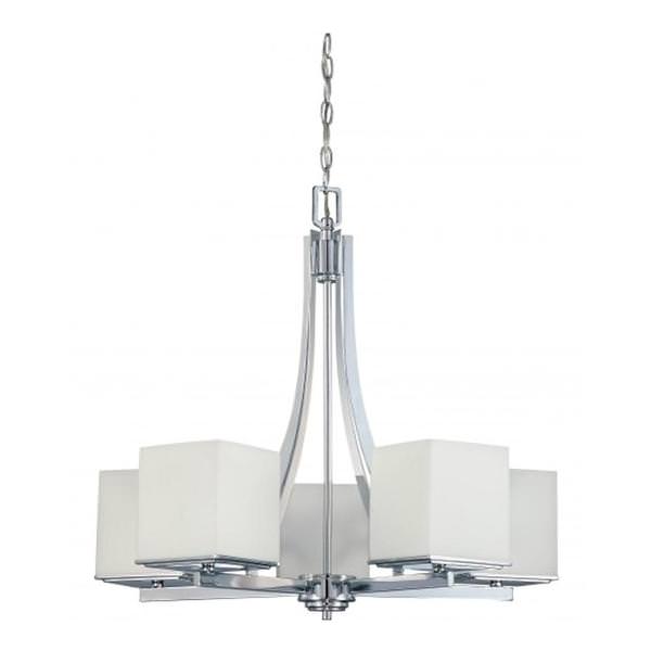 5 Light Polished Chrome White Satin Glass Shades Chandelier Light Fixture
