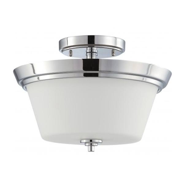 2 Light 13" Round Polished Chrome White Satin Glass Shade Ceiling Light Fixture
