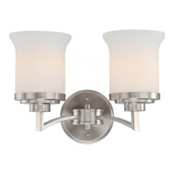 2 Light Brushed Nickel White Satin Glass Shades Vanity Light Fixture