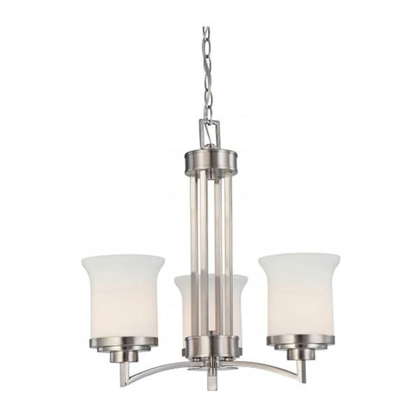 3 Light Brushed Nickel White Satin Glass Shades Chandelier Light Fixture