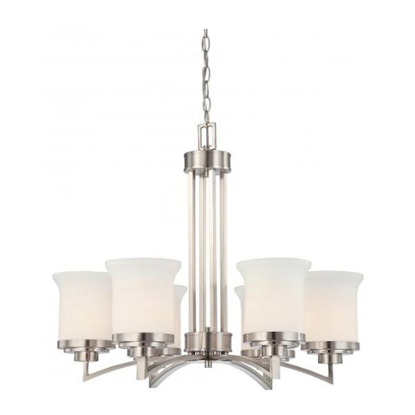 6 Light Brushed Nickel White Satin Glass Shades Chandelier Light Fixture