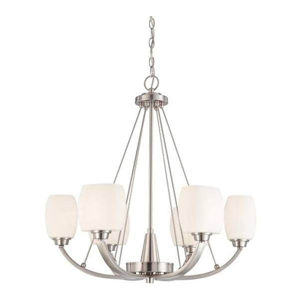 6 Light Brushed Nickel White Satin Glass Shades Chandelier Light Fixture