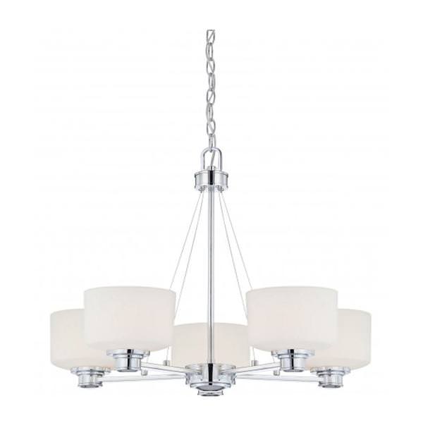 5 Light Polished Chrome White Satin Glass Shades Chandelier Light Fixture