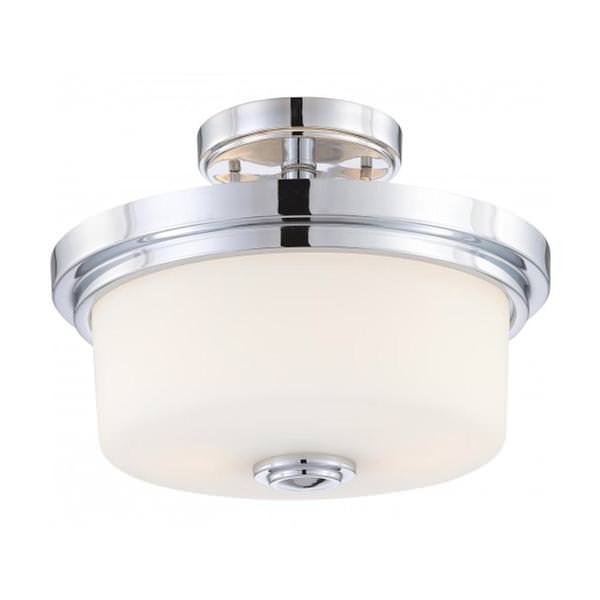 2 Light 13" Round Polished Chrome White Satin Glass Shade Ceiling Light Fixture