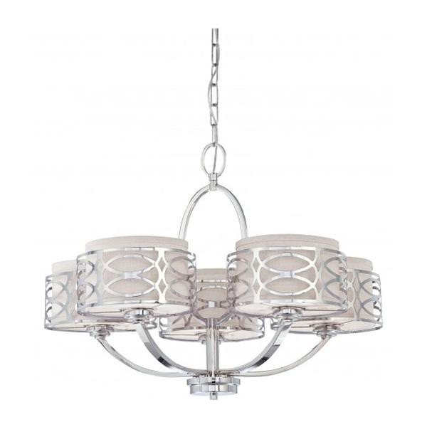 5 Light Polished Nickel Slate Gray Fabric Shades Chandelier Light Fixture