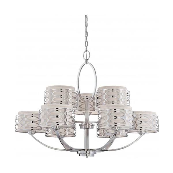 9 Light Polished Nickel Slate Gray Fabric Shades Chandelier Light Fixture