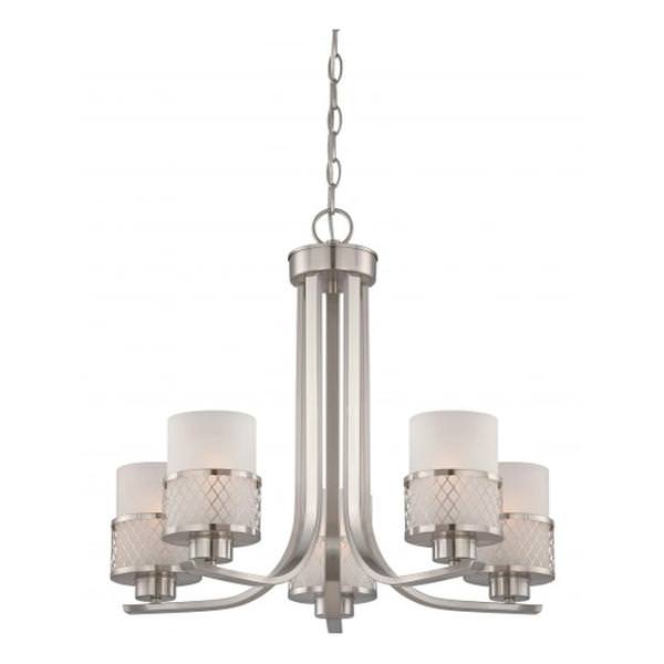 5 Light Brushed Nickel Frosted Glass Shades Chandelier Light Fixture