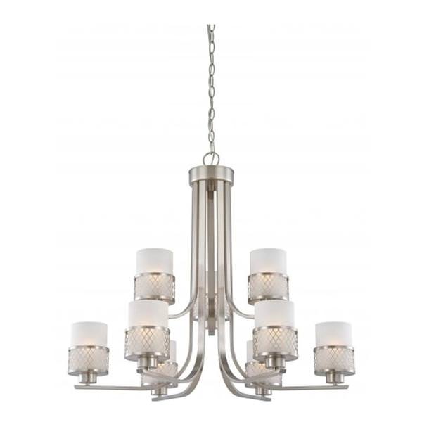 9 Light Brushed Nickel Frosted Glass Shades Chandelier Light Fixture