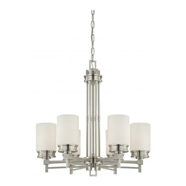 6 Light Brushed Nickel White Satin Glass Shades Chandelier Light Fixture